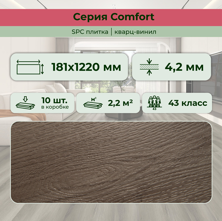 14CM08 SPC плитка STRONG STEP Comfort 181x1220x4,2 Графит