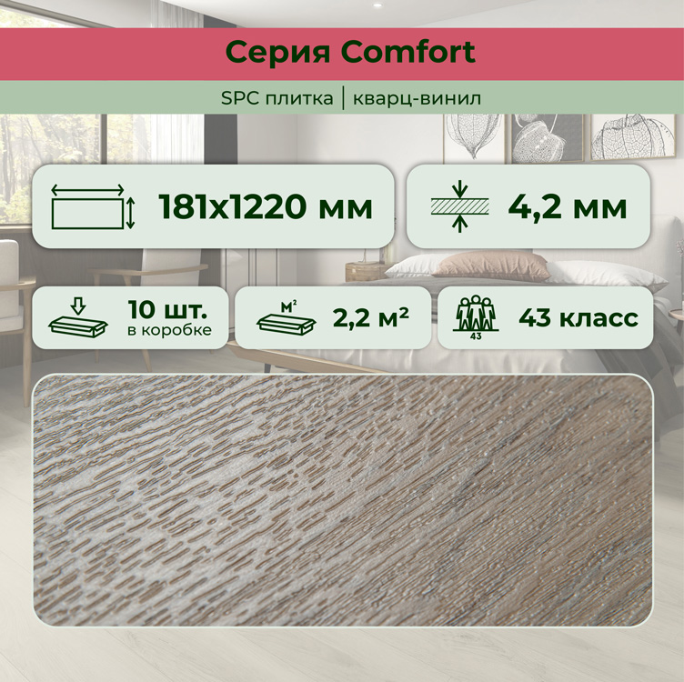 14CM10 SPC плитка STRONG STEP Comfort 181x1220x4,2 Сахара